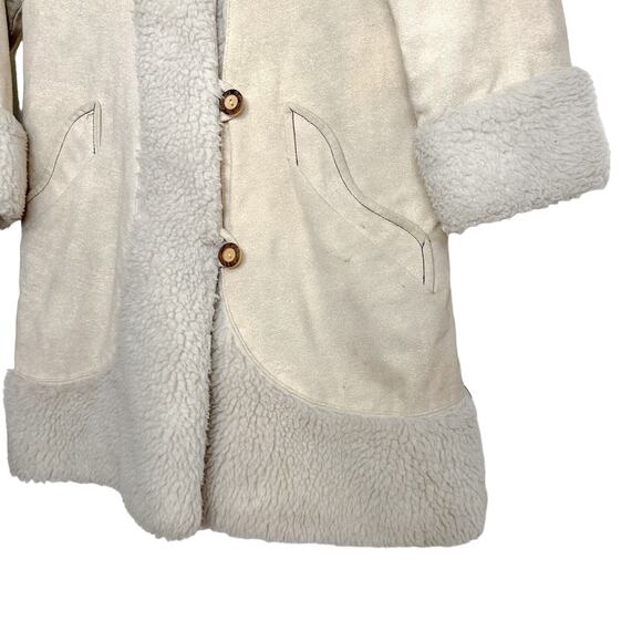 Vintage Leather Coat Shearling Lined with Toggle Buttons Cream - Picture 5 of 5